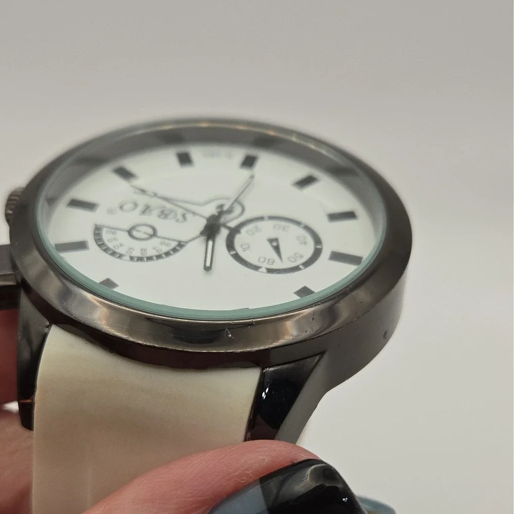 SBAO S-085 Analog Quartz 52mm Watch W/White Dial, White Rubber Strap, Black Case